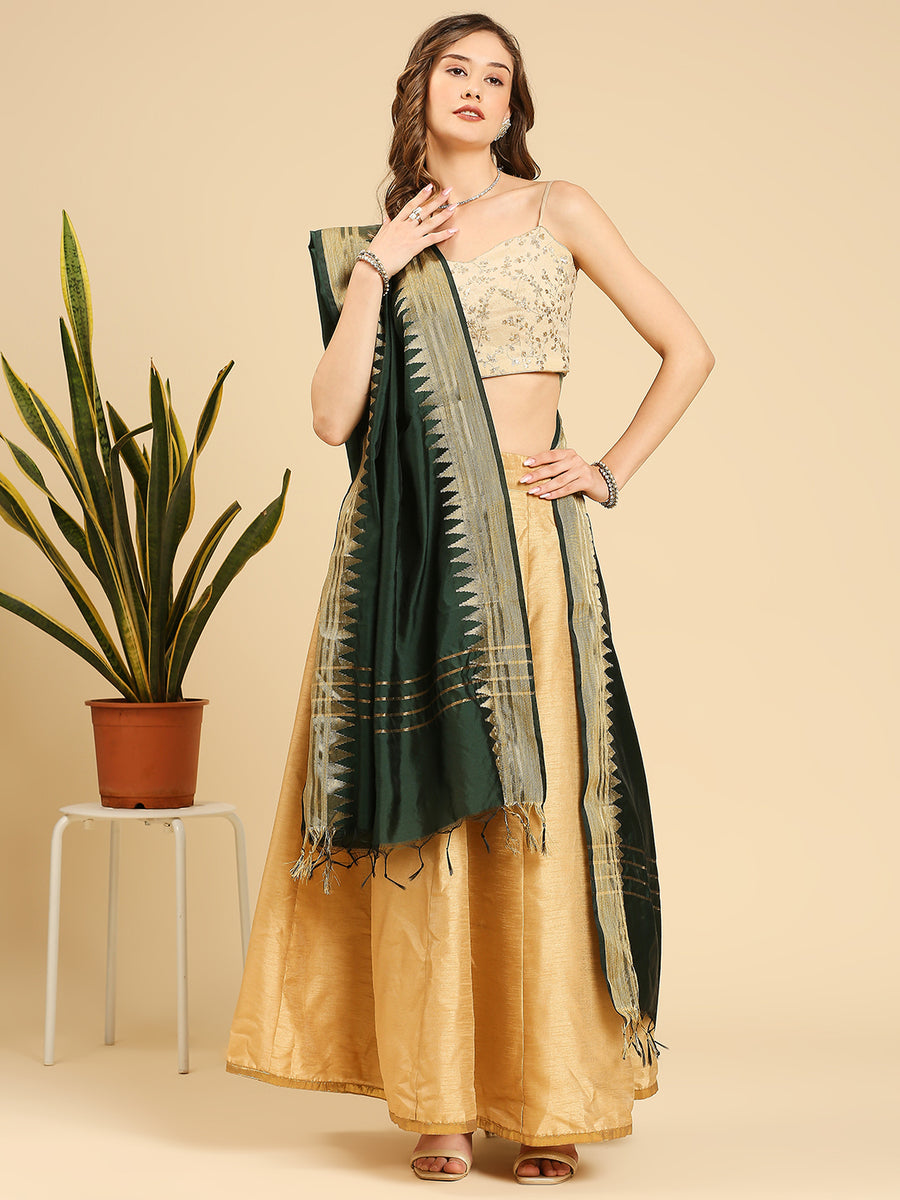 Bottle Green Banarasi Silk Dupatta with Temple Border Dupatta Bazaar