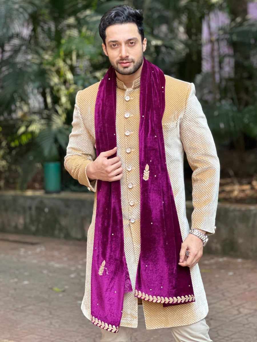 Men's Wine Velvet Embroidered Dupatta for Kurta/Sherwani/Achkan