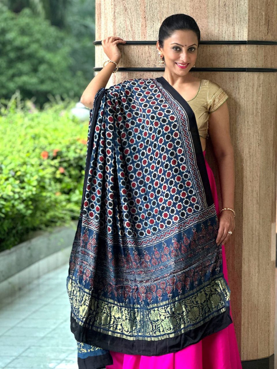 Modal Silk handblock Printed Ajrakh Dupatta Dupatta Bazaar