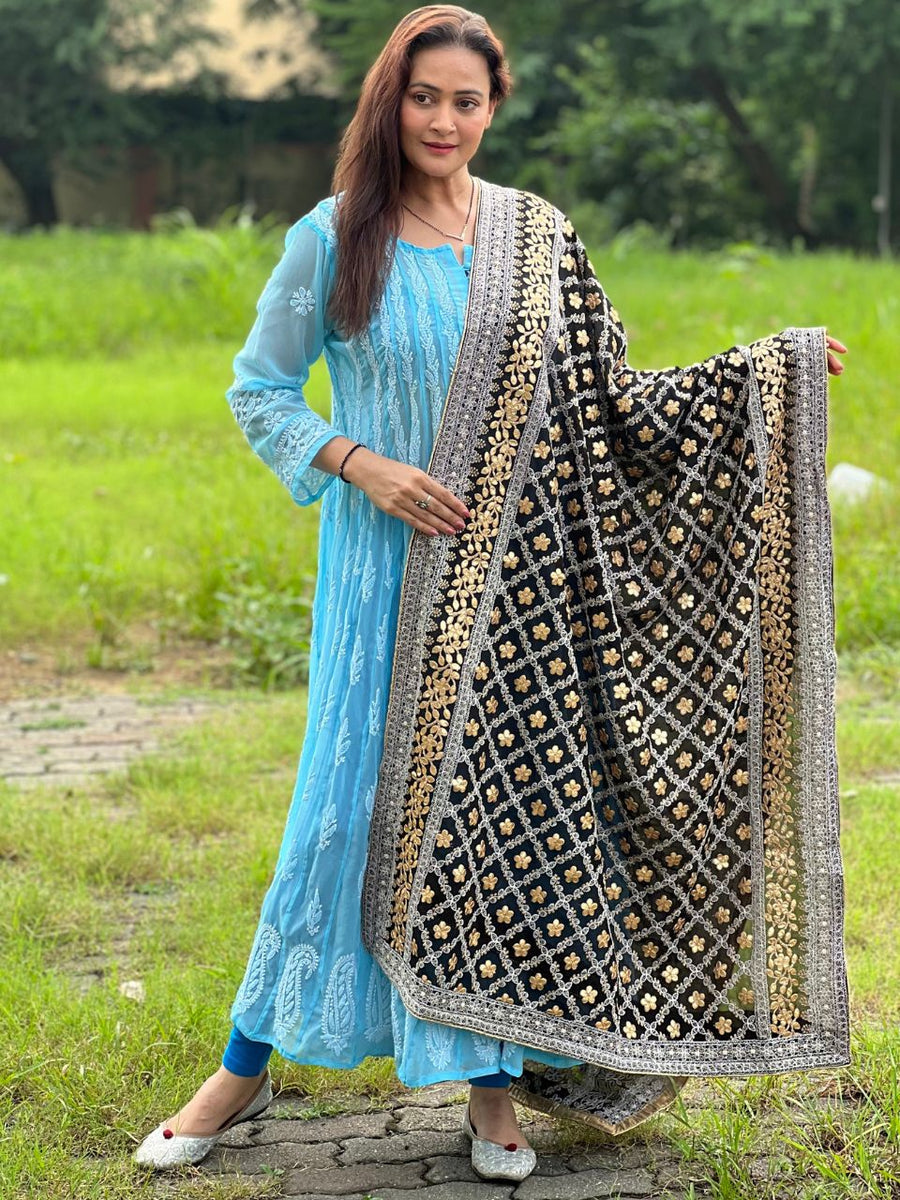 Green Gotta Patti Belted Georgette Fit & Flare Ethnic Dress & Dupatta