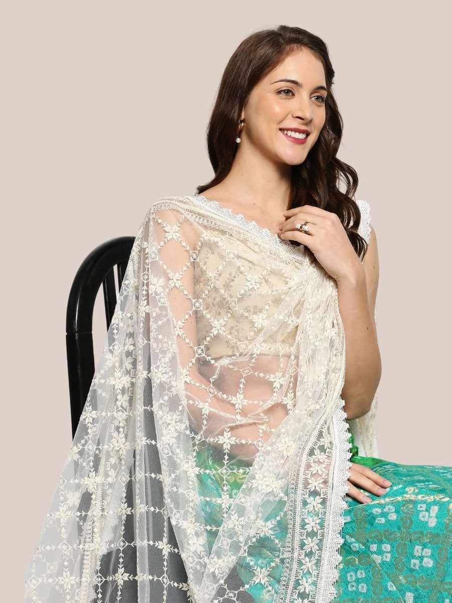 White Embellished Net Dupatta