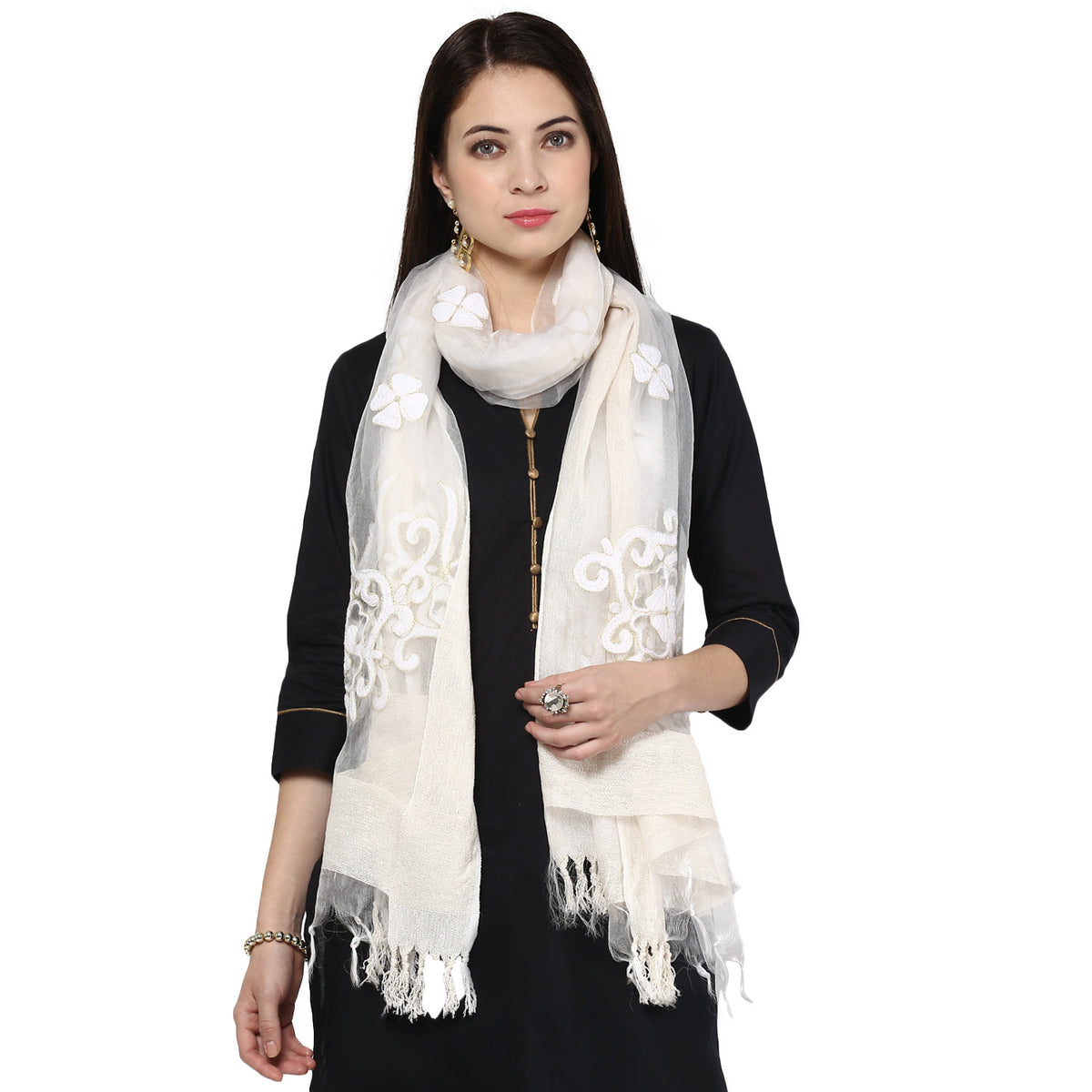Lightweight Off-White Organza Dupatta with embroidered borded main image 1