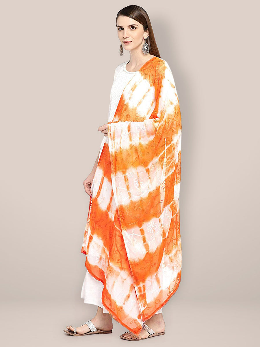 Orange & White Embroidered Chiffon Dupatta Dupatta Bazaar