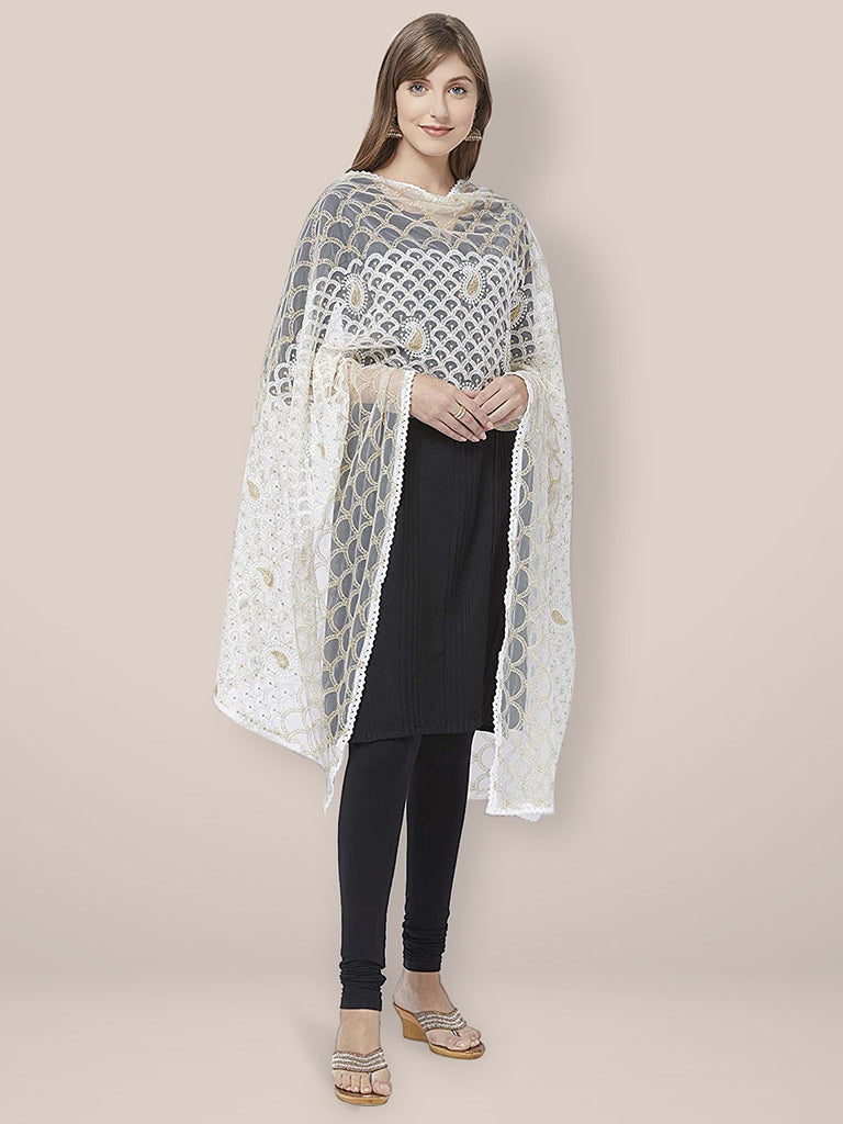 Off White Net Dupatta with Lucknowi Embroidery. freeshipping - Dupatta Bazaar