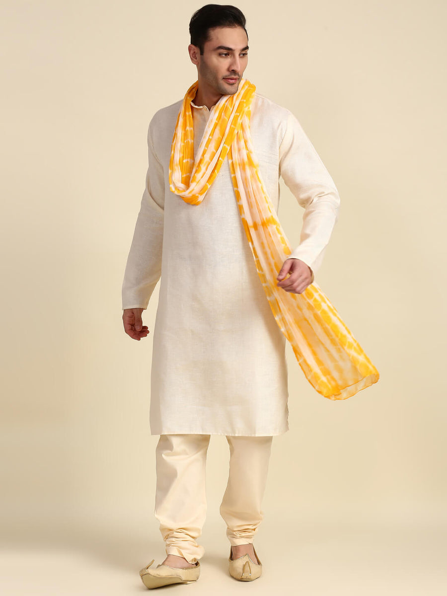 White Kurta Pajama Yellow Shawl Wedding Men's Shibori Printed