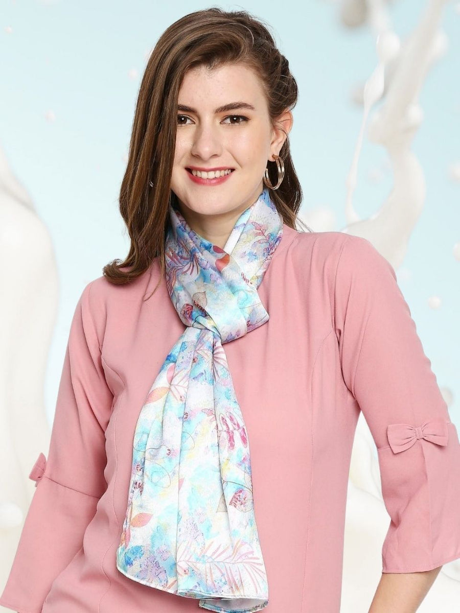 Floral Printed Aqua Blue Satin Scarf/Stole – Dupatta Bazaar