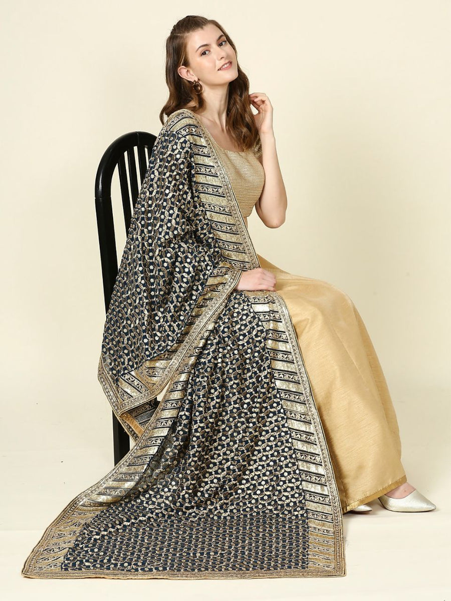 Soft Georgette with blue Detailed Floral Border dupatta