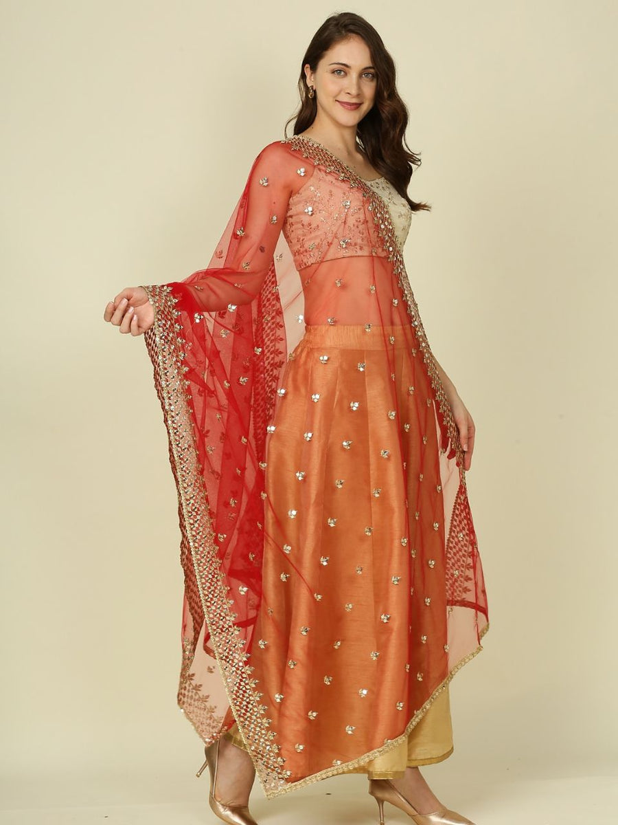 Red Embellished Net Dupatta main image 0