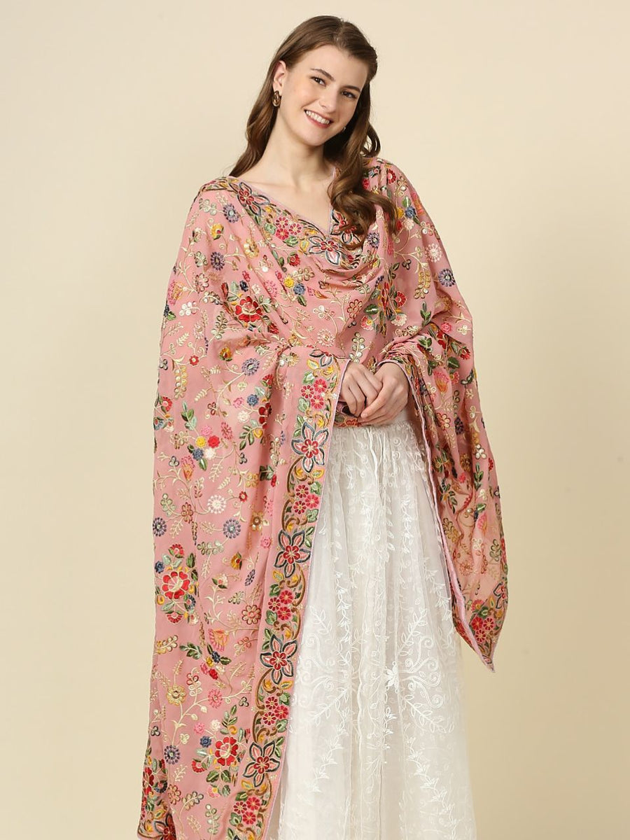 Multicoloured Floral Heavily Embroidered Blush Pink Georgette Dupatta
