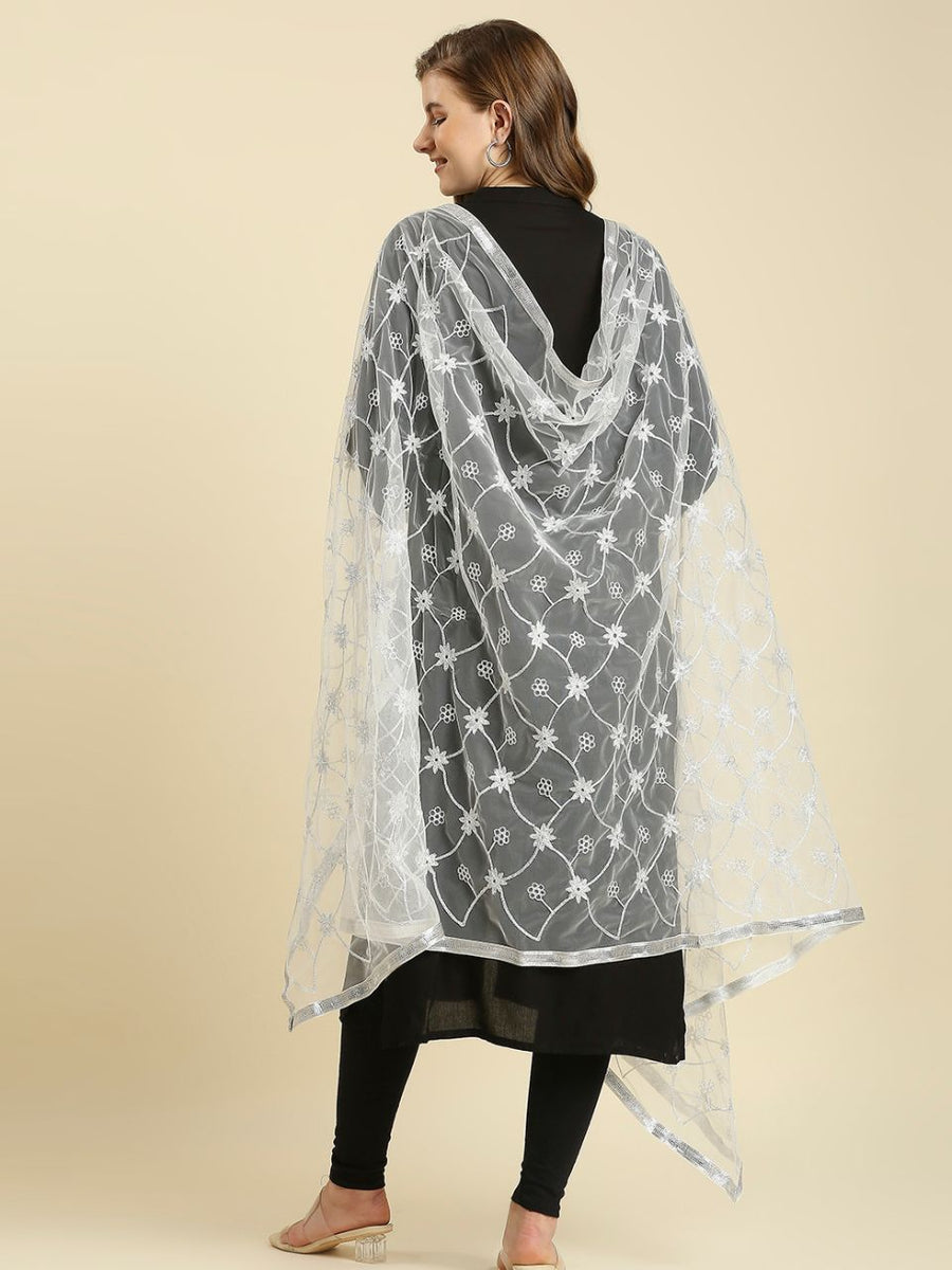 Silver Sequinned Cut-Work Net Dupatta main image 0