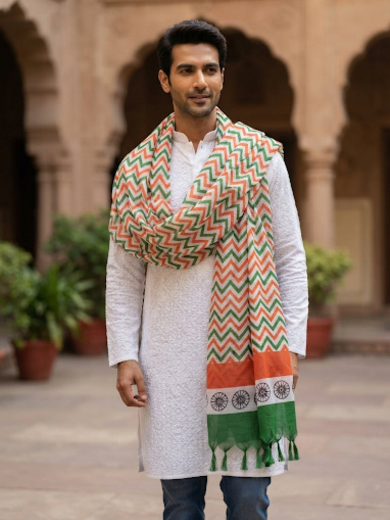 Tri Colour/Tiranga Zig Zag Printed Silk Dupatta