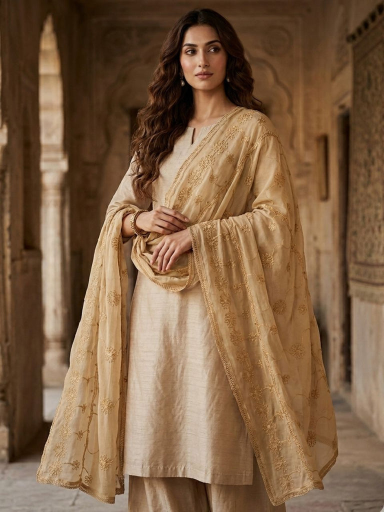 Beige Embroidered Chiffon Dupatta