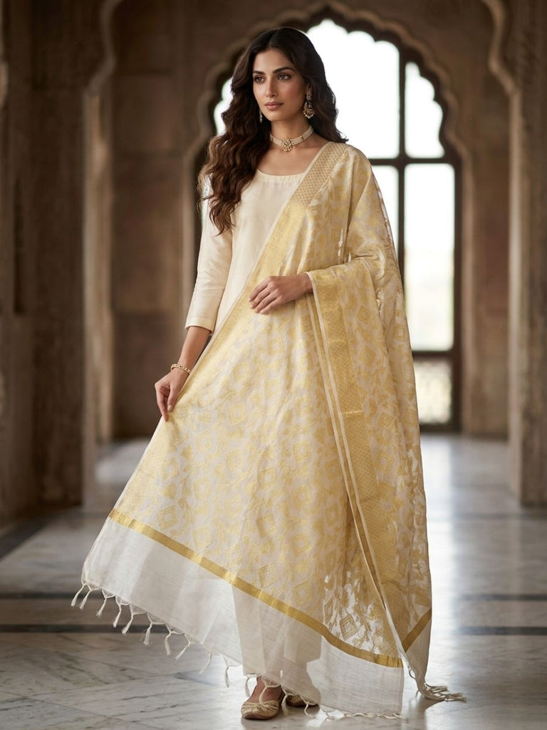Gold & Cream Banarasi Tissue Silk Dupatta