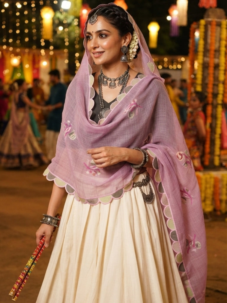Embroidered Pure Kota Cotton Dupatta with Scallops
