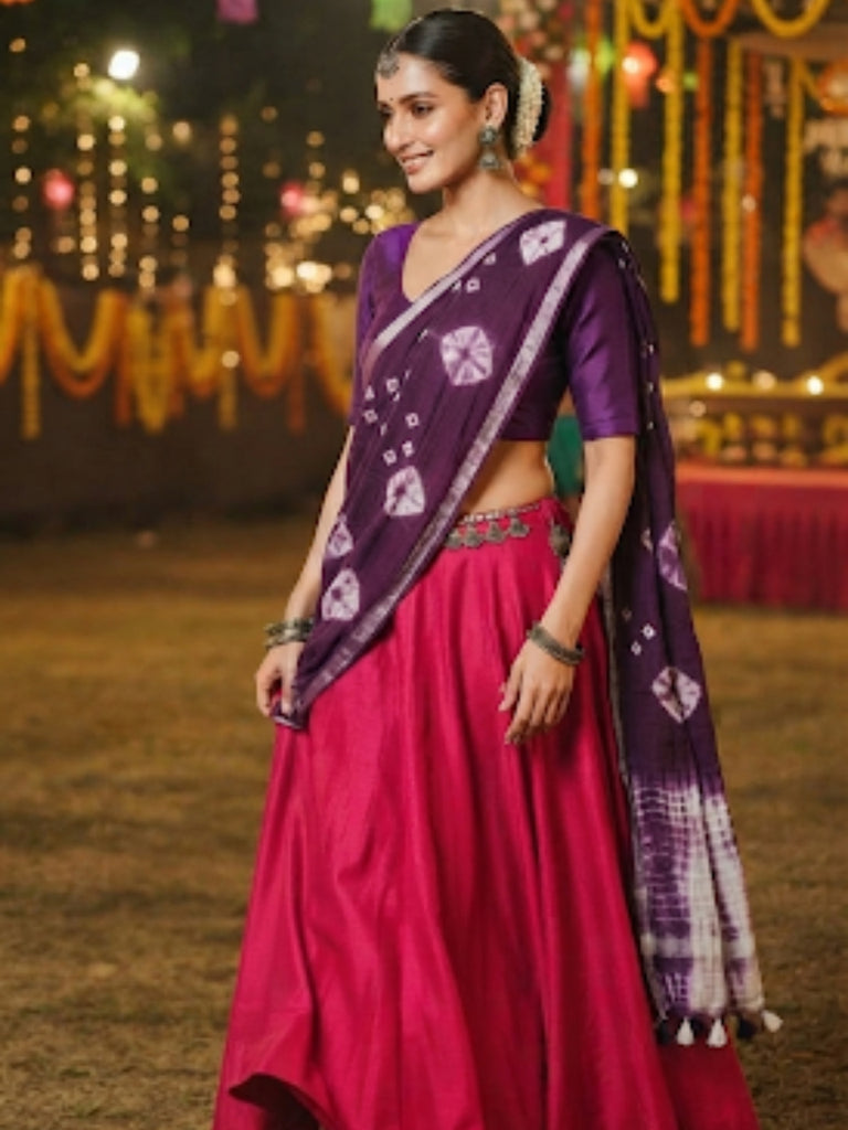 Purple linen Bandhini and Shibori Dupatta