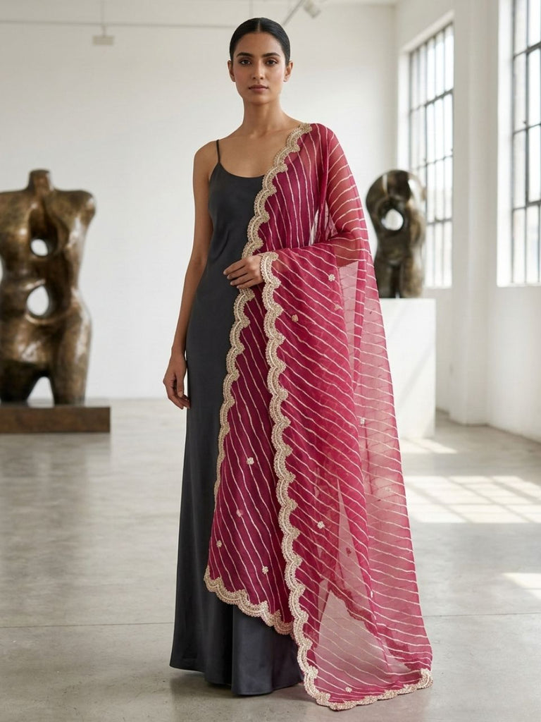 Leharia Printed & Embroidered Rani Pink Georgette Dupatta with Embellished Border