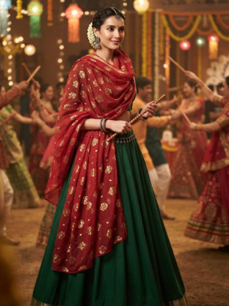 Foil Printed Red & Gold Chiffon Dupatta.