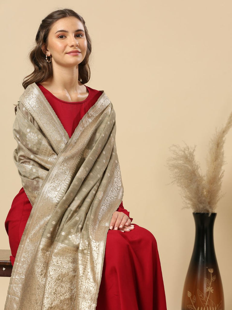 Sage Green Banarasi Dupatta in Chanderi Blended Silk With Gold Weaving