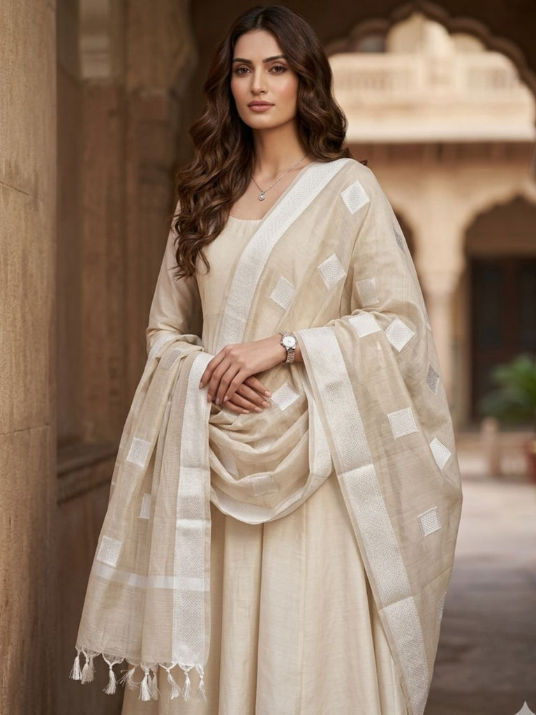 Cream Banarasi Cotton Blend Dupatta with Woven Moifs