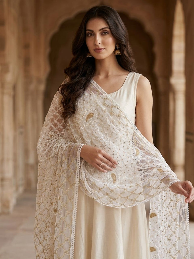 Off White Net Dupatta with Lucknowi Embroidery.