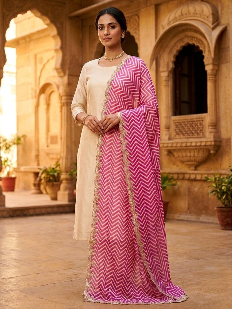Leharia Printed & Embroidered Pink Georgette Dupatta with Embellished Border