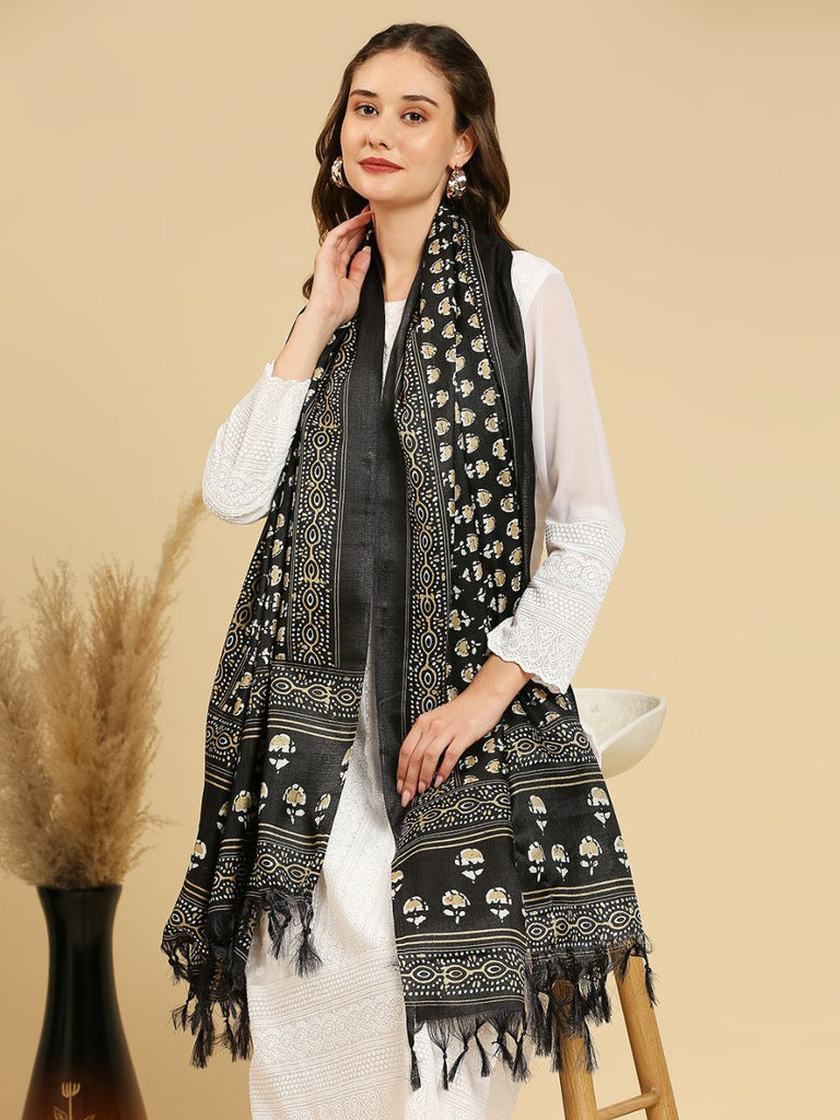 Black & Beige Printed Art Silk Dupatta