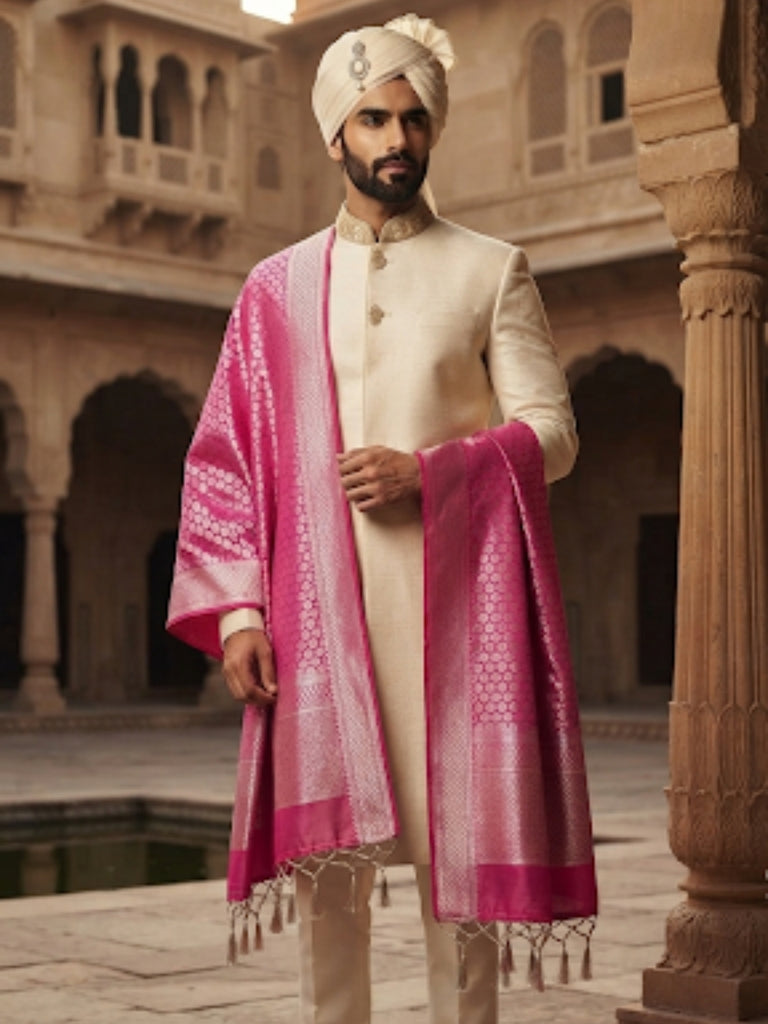 Men's Rani & Gold Silk Dupatta for Kurta/Sherwani/Achkan