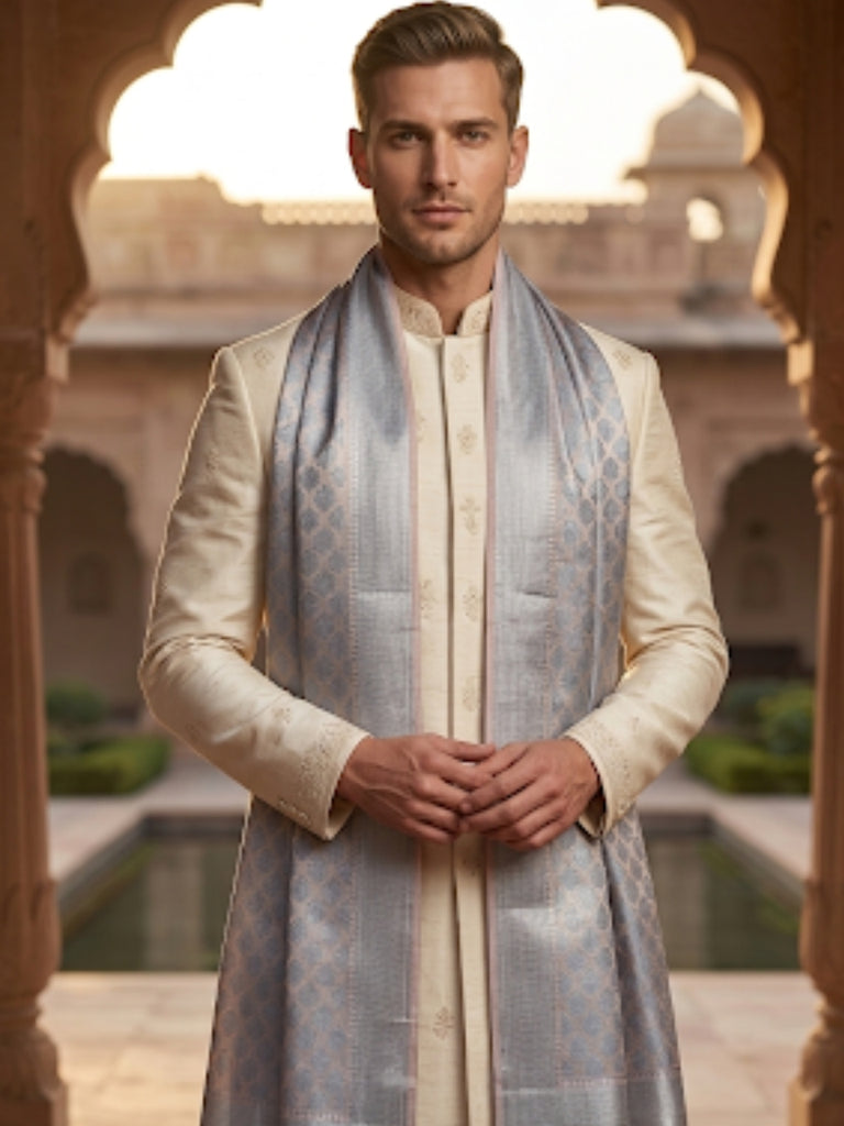 Men's Peach & Silver Tissue Silk Dupatta for Kurta/Sherwani/Achkan
