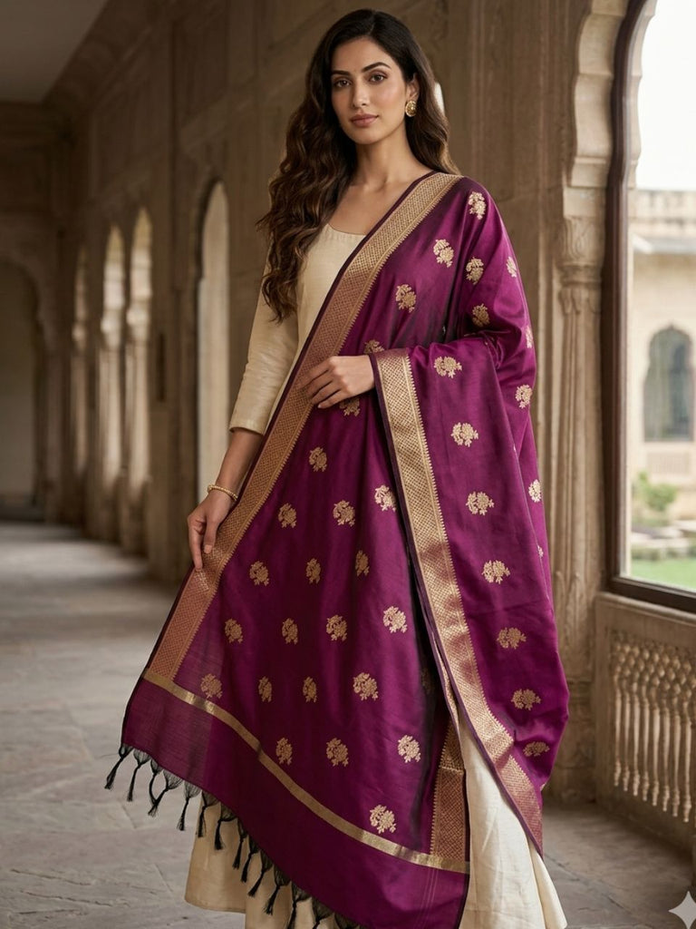 Wine Banarasi Silk Dupatta with Woven Floral Motifs