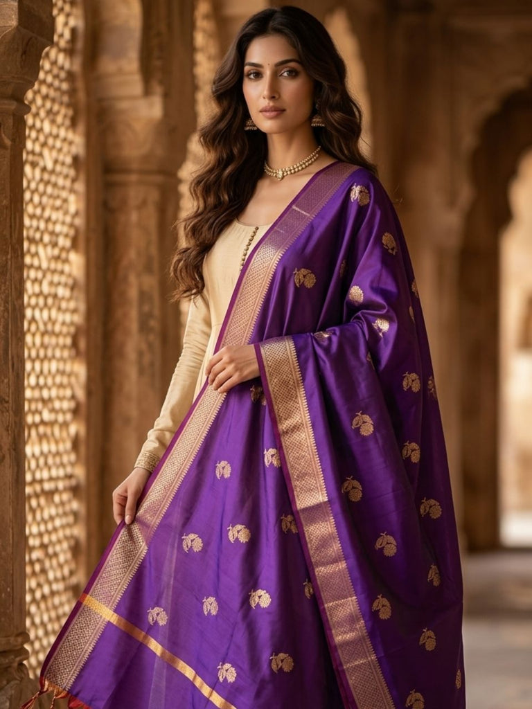 Purple Banarasi Silk Dupatta with Woven Floral Motifs