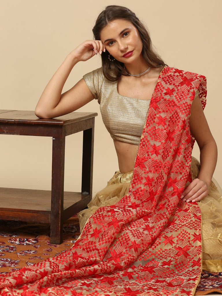 Beige Handmade Desginer Phulkari Dupatta in Pure Chinon Beige Handmade Desginer Phulkari Dupatta in Pure Chinon