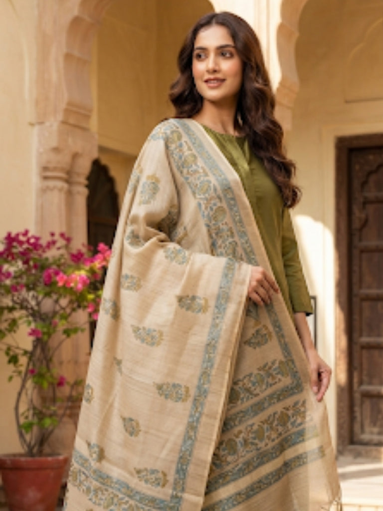 Turquoise Hand Block Printed Chanderi Dupatta