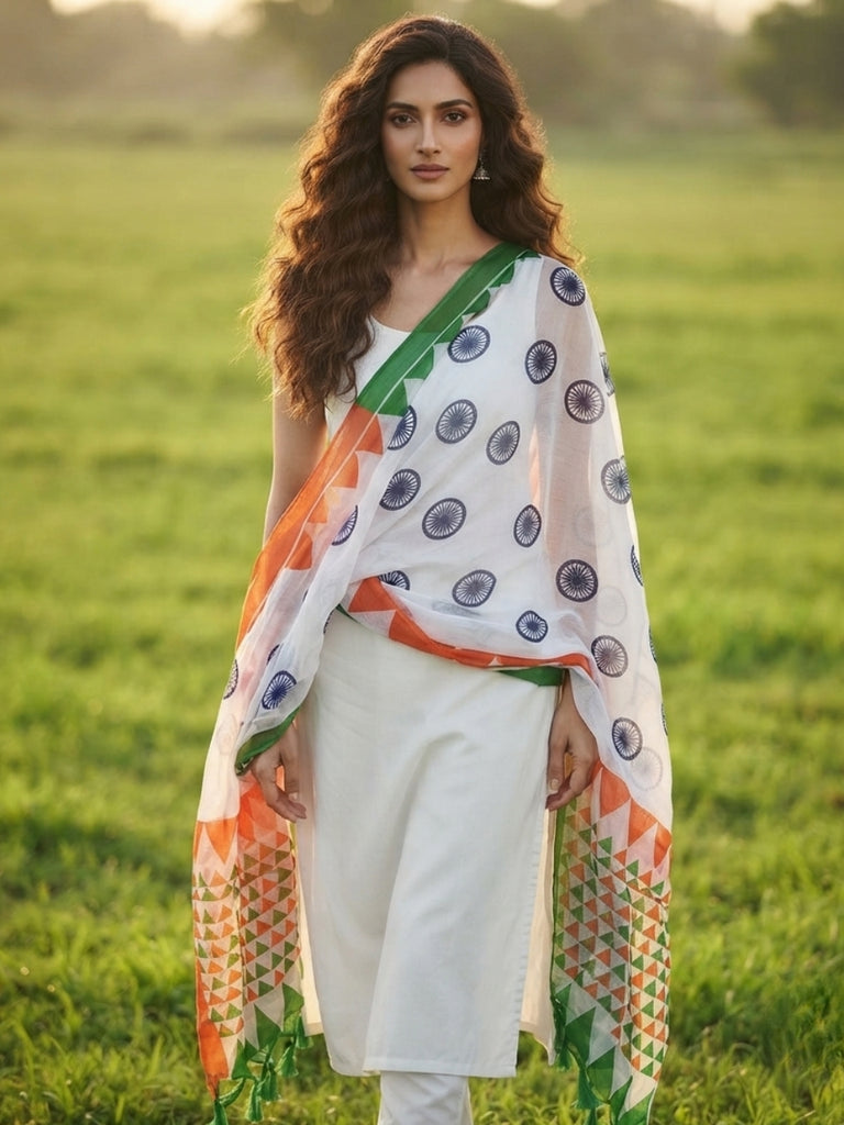 Tri Colour/Tiranga Printed Silk Dupatta