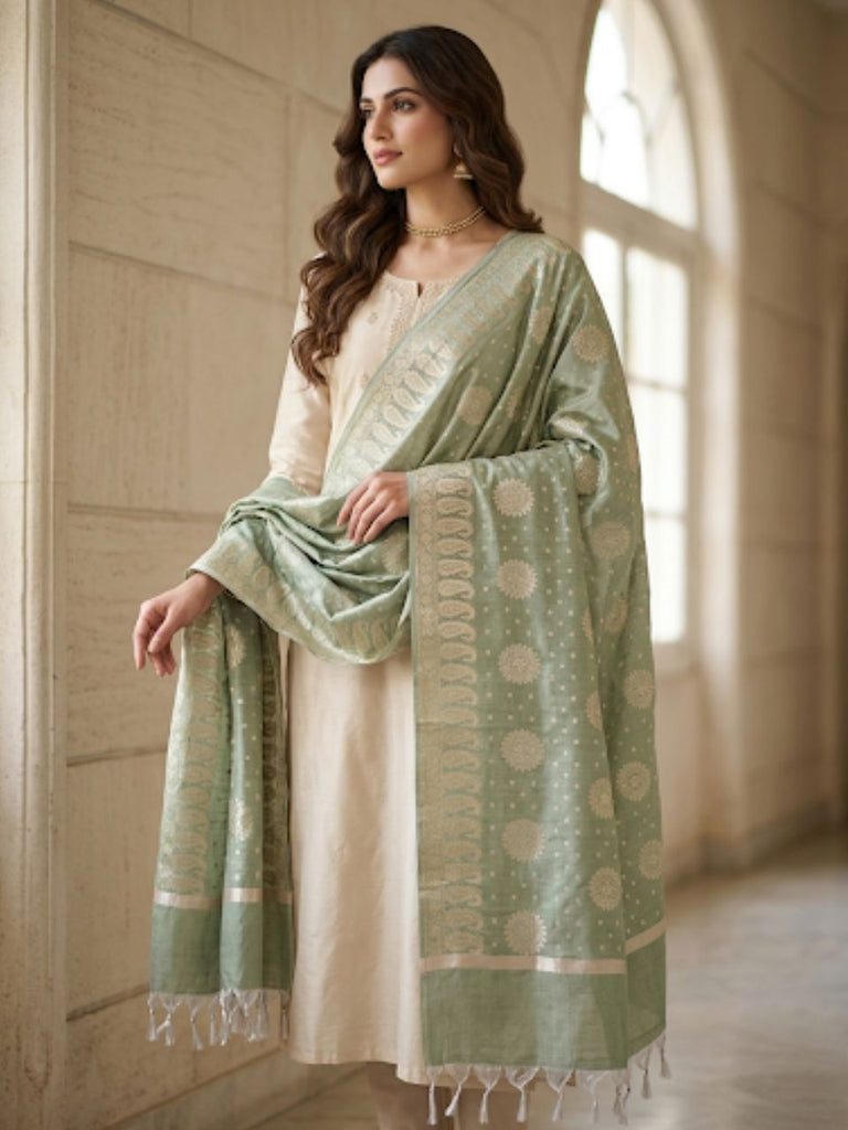 Pista Green. Banarasi Silk Dupatta with Woven Floral Motifs