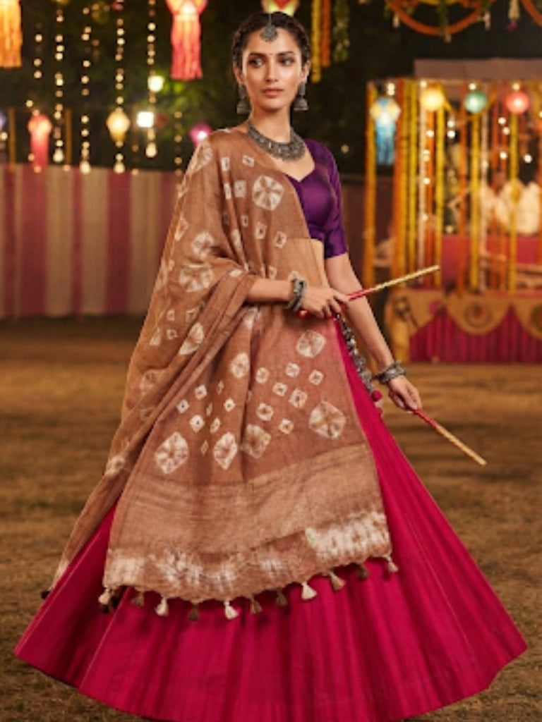 Light Brown & White linen Bandhini Dupatta with Organza Border and Tassels