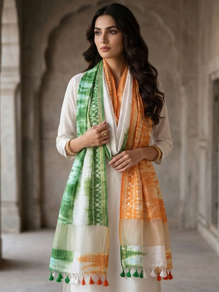 Republic Day Tiranga Tri Colour Linen Blend Shibori Dupatta