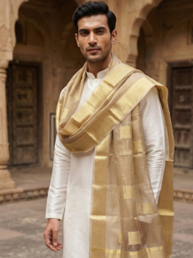 Men's GoldTissue Silk Dupatta for Kurta/Sherwani/Achkan