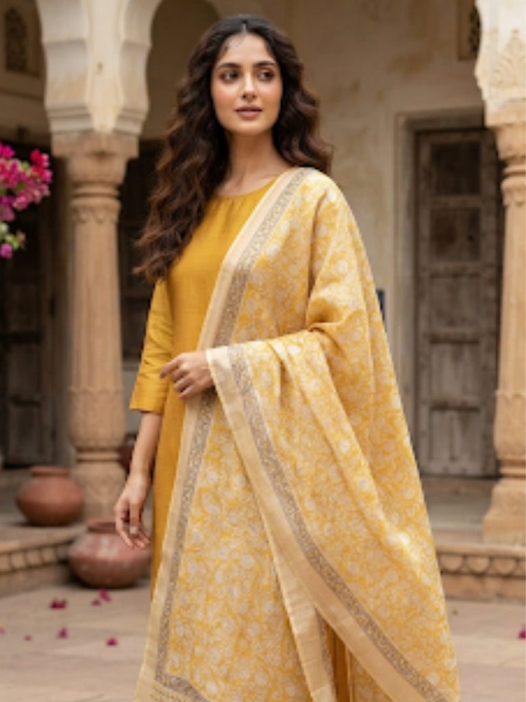 Yellow Hand Block Printed Chanderi Dupatta