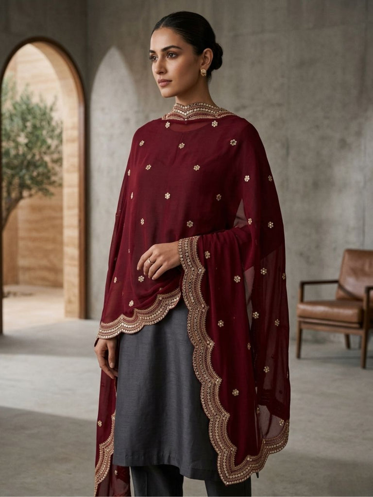 Maroon Georgette Motif Embroidered Dupatta