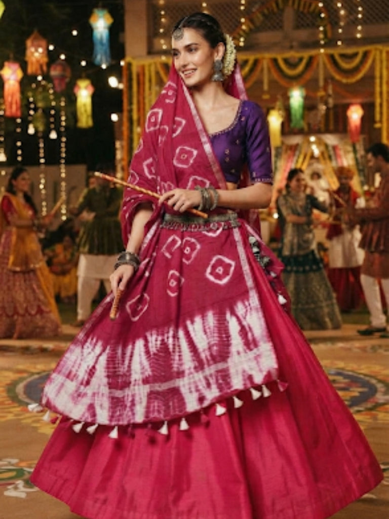 Rani Pink linen Bandhini and Shibori Dupatta