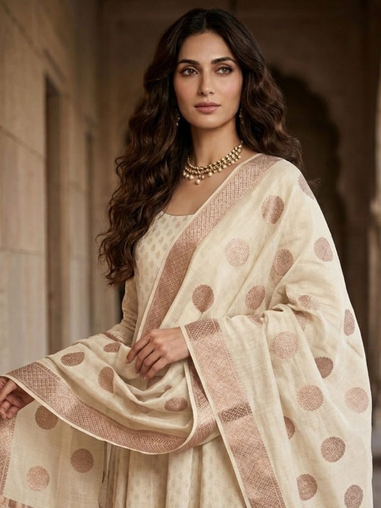 Cream Banarasi Chanderi Silk Dupatta with Copper Woven Motifs