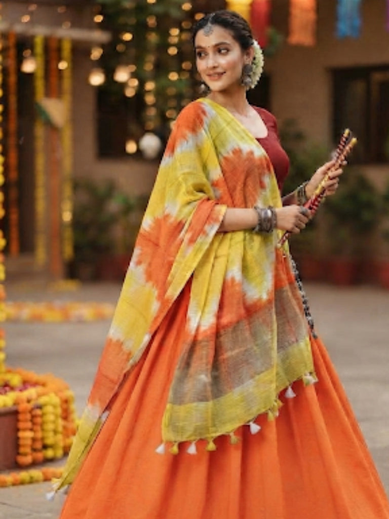 Yellow & Orange linen Shiborii Dupatta with Organza Border and Tassels