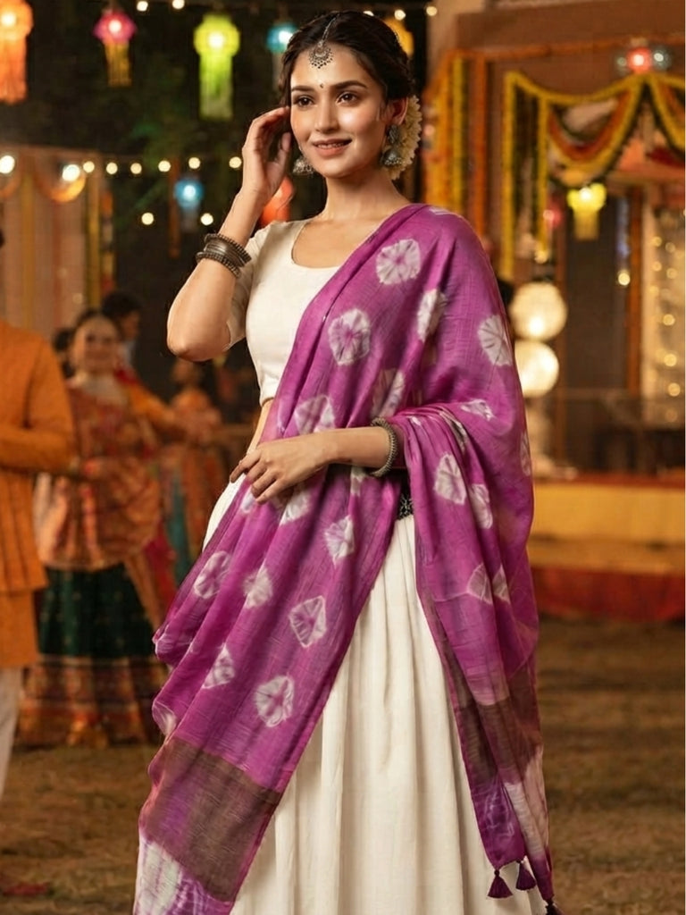 Lavender & White Linen Bandhini Dupatta with Organza Border