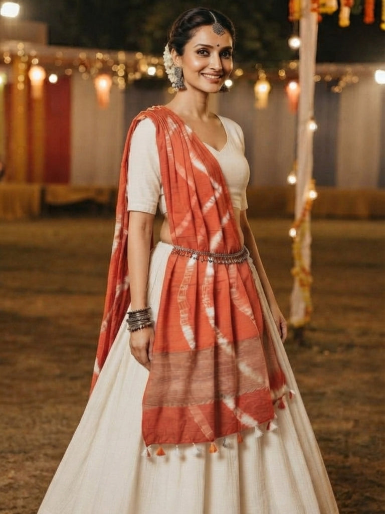 Orange & White linen Shibori Dupatta with Organza Border and Tassels