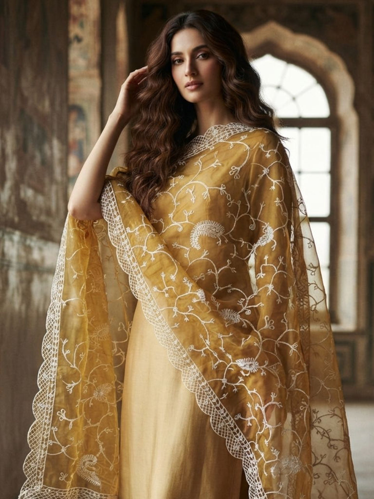 Mustard & Off White Colour Embroidered Organza Dupatta