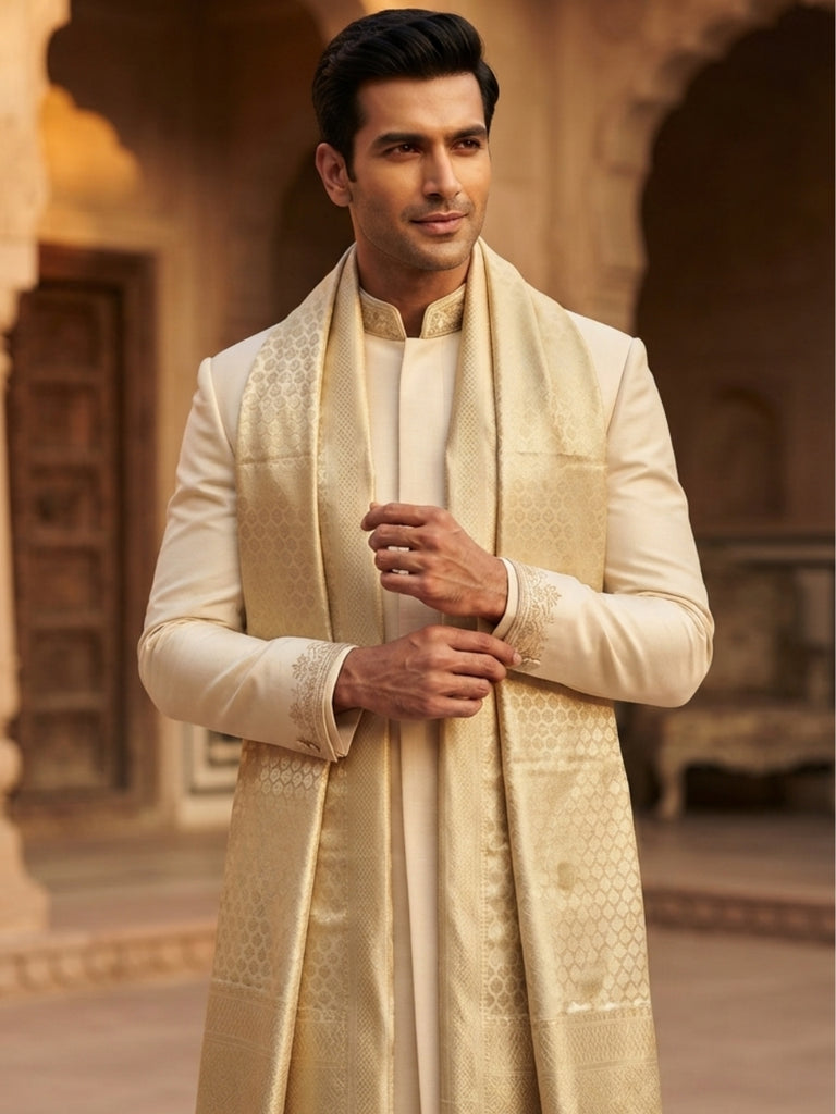 Men's Gold Silk Dupatta for Kurta/Sherwani/Achkan