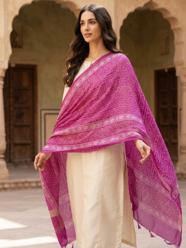 Rani Pink Bandhini Printed Art Silk Dupatta