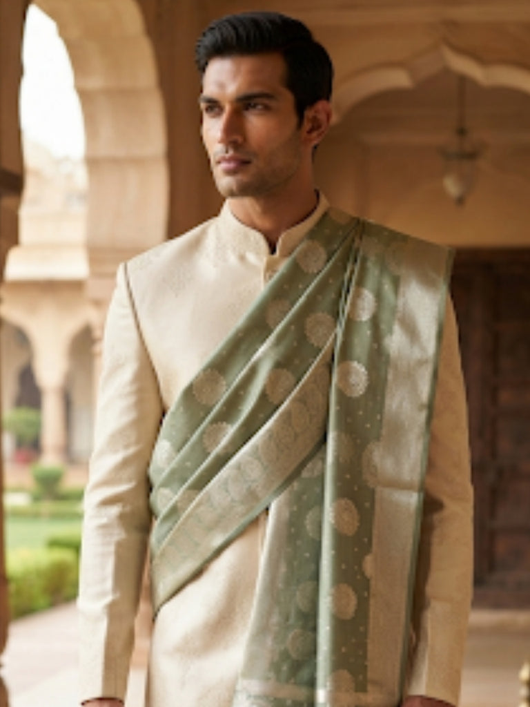 Men's Pista Green & Gold Silk Dupatta for Kurta/Sherwani/Achkan