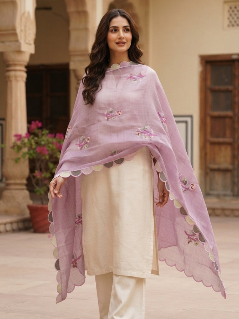 Embroidered Pure Kota Cotton Dupatta with Scallops