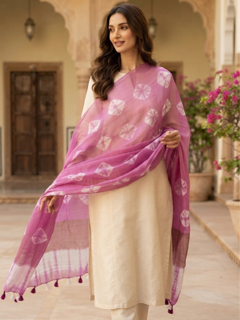 Lavender & White Linen Bandhini Dupatta with Organza Border